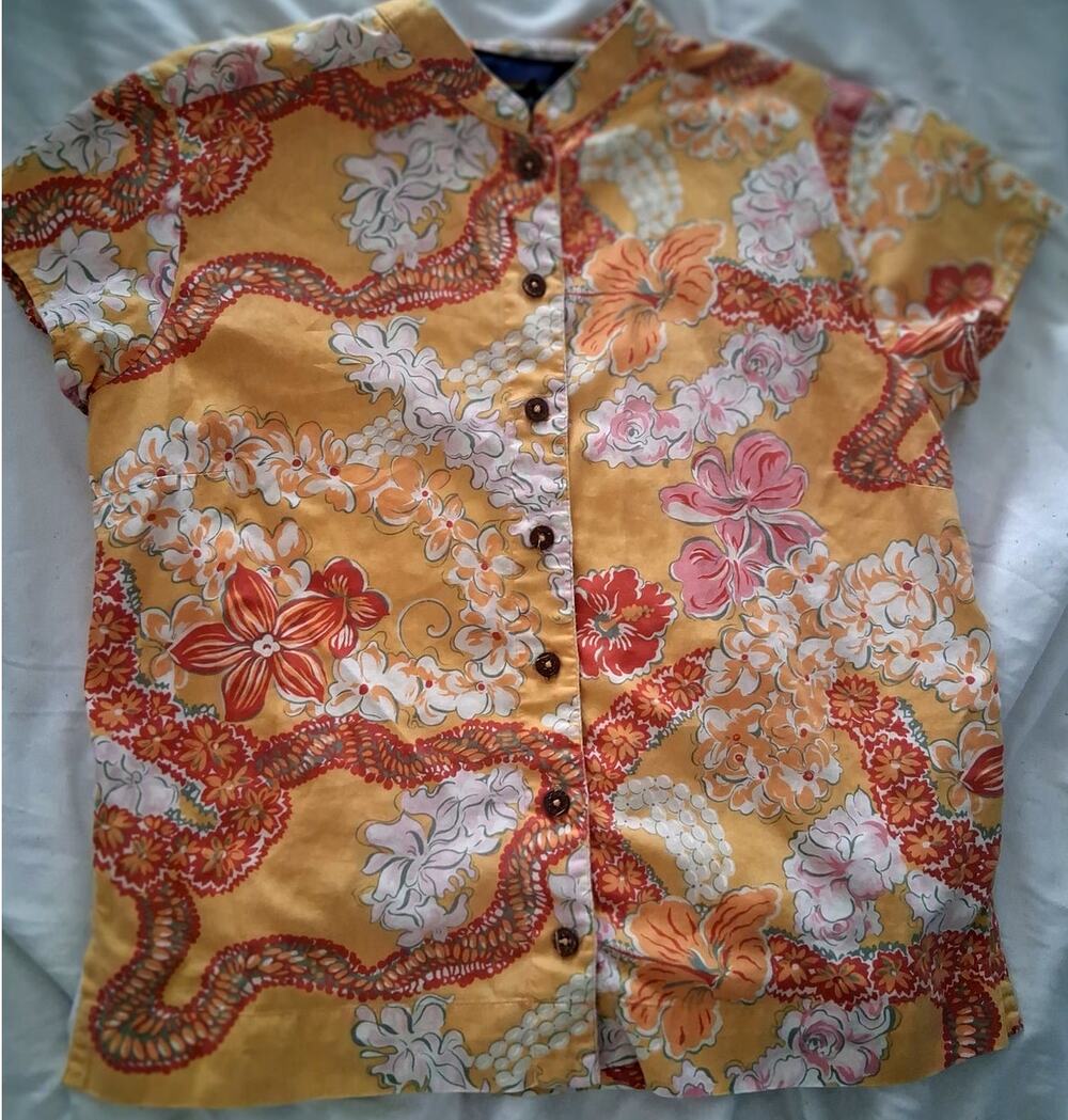 : Patagonia Pataloha Vintage Lei Floral Band Collar Shirt Yellow Orange Small
